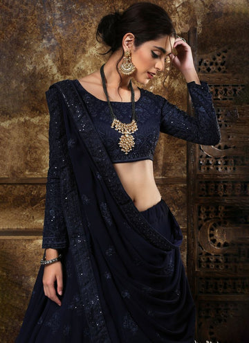 Faux Georgette Lucknowi Work Navy Blue Lehenga For Festival